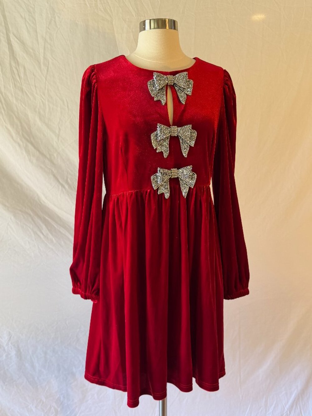 Red Crushed Velvet Holiday Dress with Silver Rhinestone Bows